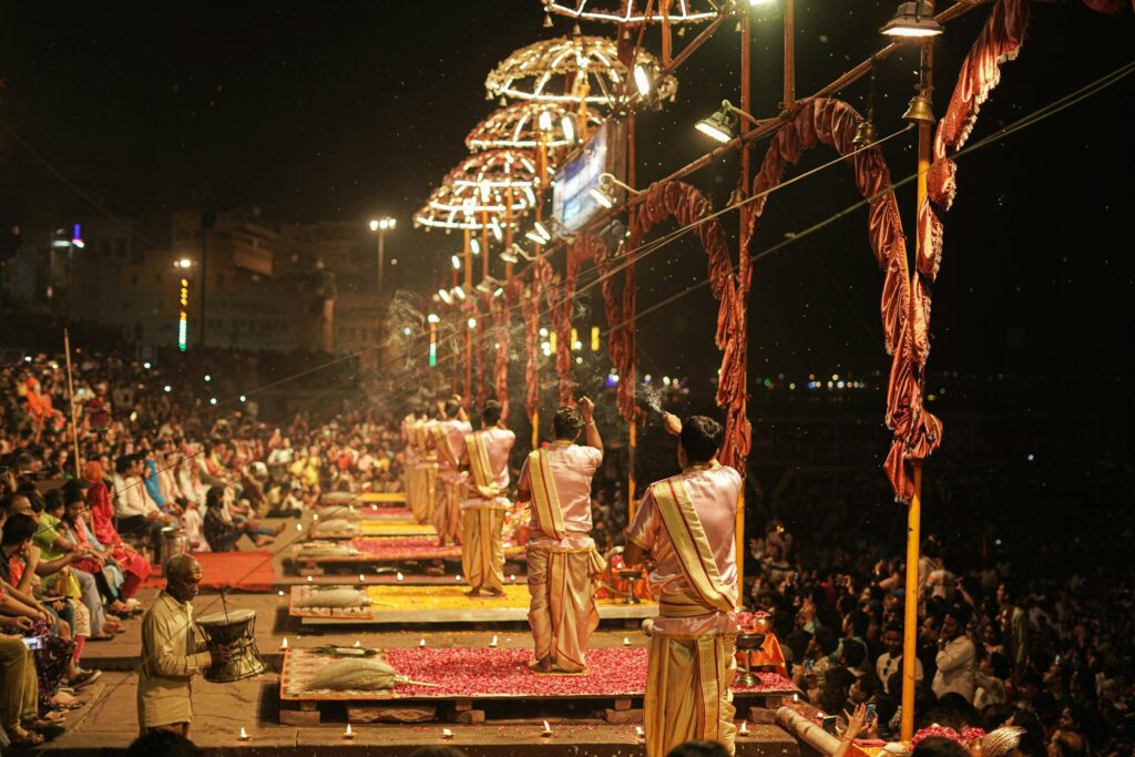 Varanasi Travel Guide: Where Life, Death, and Spirituality Meet Captivating night scene of the Ganga Aarti ceremony, showcasing the vibrant Indian culture at Varanasi Ghats.
