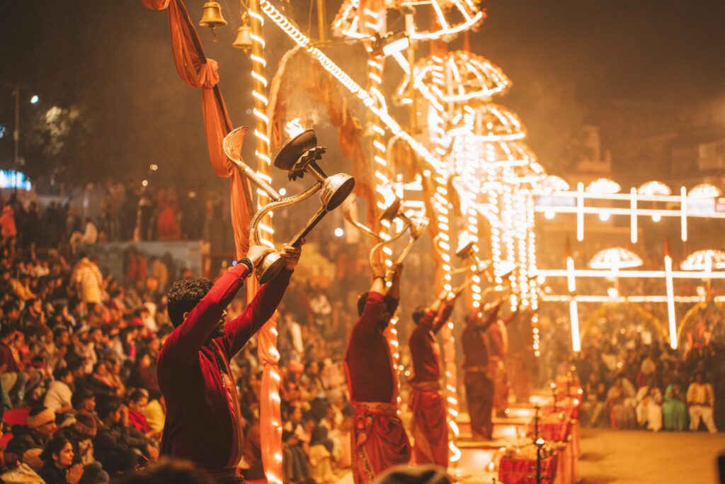 Varanasi Travel Guide: Where Life, Death, and Spirituality Meet A vibrant depiction of the Ganga Aarti ceremony in Varanasi, showcasing traditional rituals and cultural heritage.