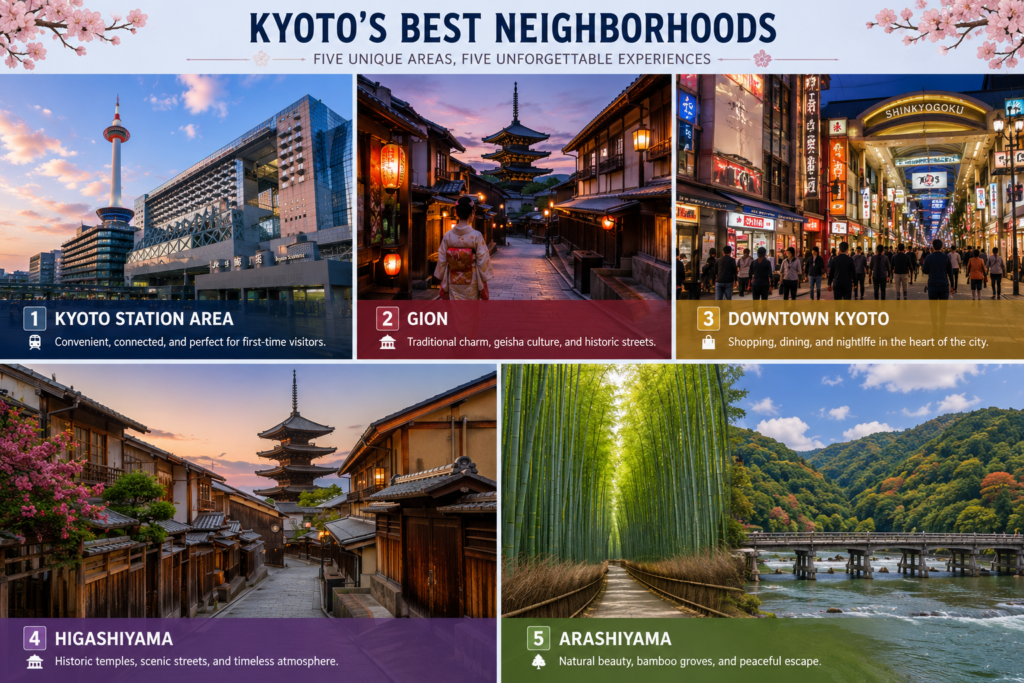 Best Areas to Stay in Kyoto for First-Time Visitors Comparison collage of Kyoto Station, Gion, Downtown Kyoto, Higashiyama, and Arashiyama neighborhoods